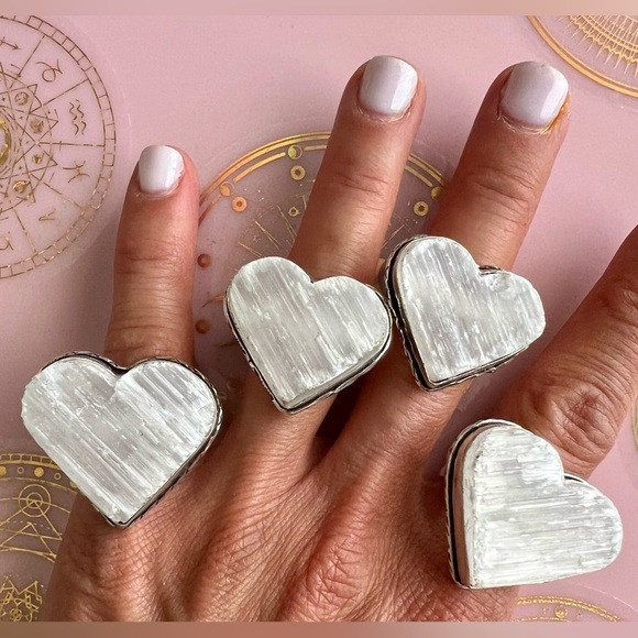 925 RAW Selenite Heart Crystal Charge Ring 5 6 7 8 9 10.5 - Picture 7 of 9